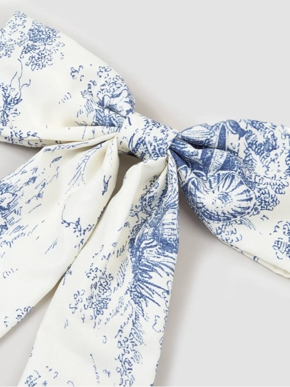 Blue & White Toile Bow Hair Barette - Picture 2 of 4